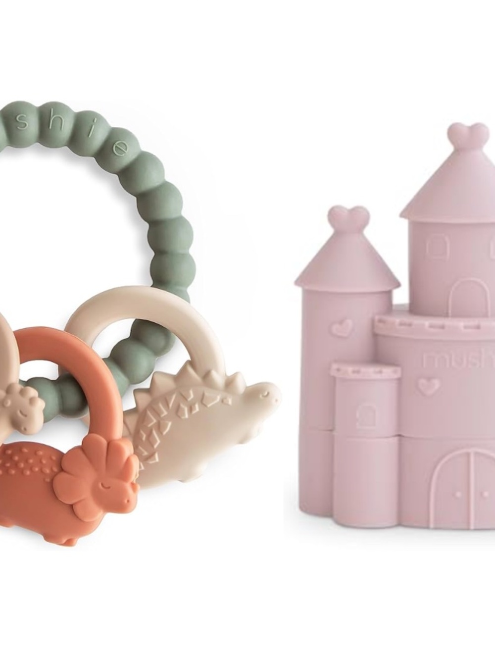 Mushie Baby Silicone Teether Toy Set - Blush Pink Castle & Neutral Rings